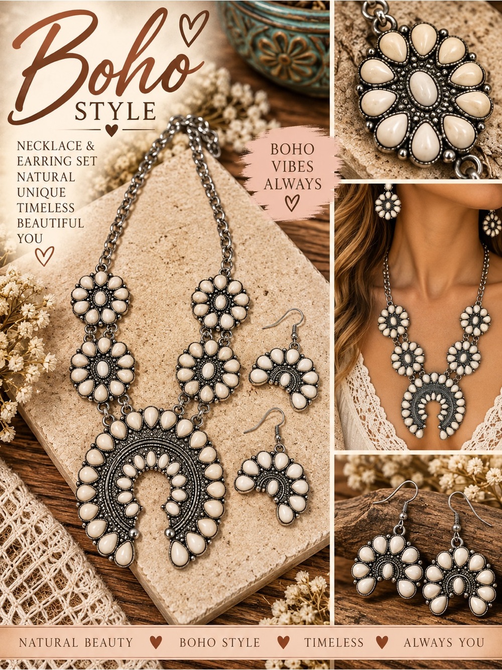 Boho Statement Necklace & Earrings Set - Cream Stones in Antiqued Silver